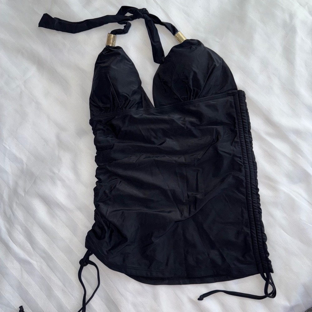 Black Halter Tankini Top Gold Detail Ruched Swim‎ Top size S